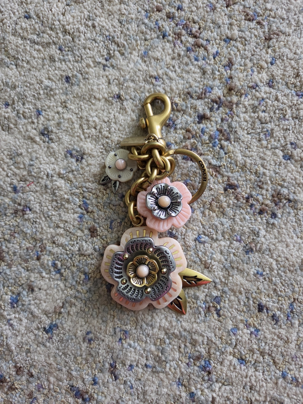Coach Tea Rose Bag Charm Keychain With Brass Hardware